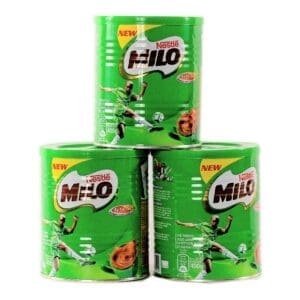 Three green Milo tins stacked in pyramid