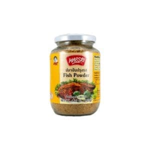 A jar of fish powder is shown on a white background.