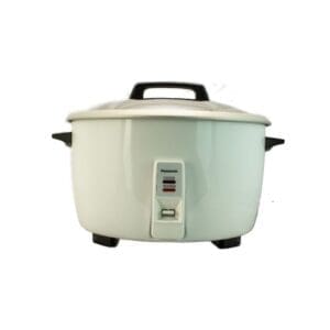 A white rice cooker with black handles and lid.