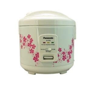 A rice cooker with pink flowers on it.
