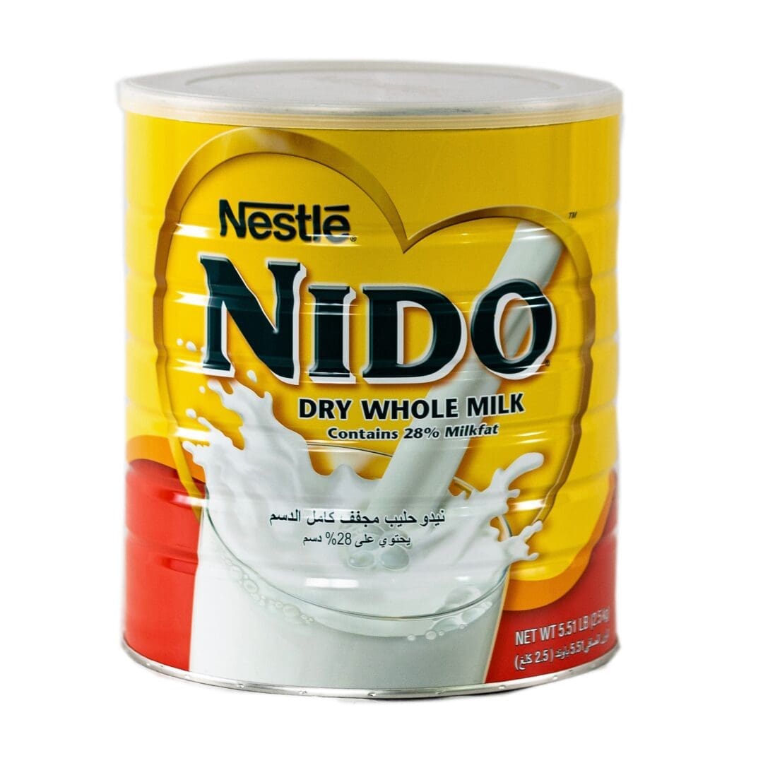 Yellow Nido whole milk tin featuring splash