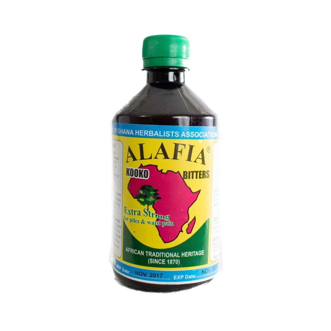 A bottle of alafia bitters is shown.