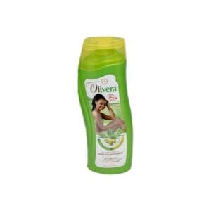 A bottle of shower gel with a woman in the background.