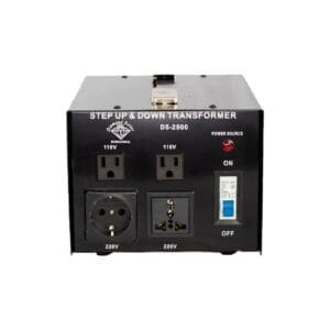 A black power supply with two outlets and one on / off switch.