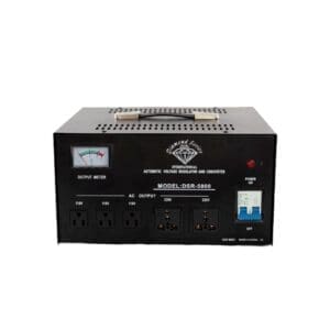 A black power supply with an indicator light on it.